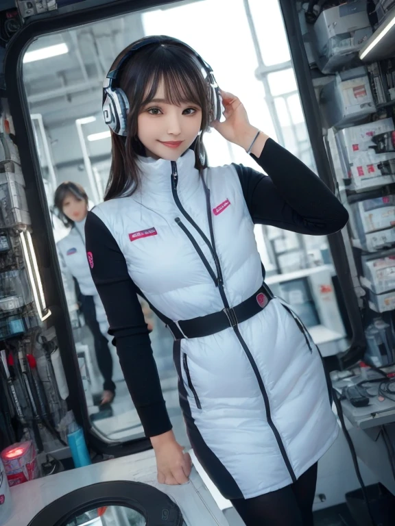 masterpiece, highest quality, Very detailed, 8K Portrait,Japanese Android Girl,plump , Control panel,Robotic arms and legs, Blunt bangs,,break (Metallic Gray, Metallic luster, Mirror finish, Astro Best):5,headphone:5,break (Black sleeves):100,Smart Watches,Futuristic space station,Control Room,break headphone,blue eyes,(Black Hair):2,(Long Hair):1.3,View the viewer,(respirator),break blush:3,Hidden Hand,smile