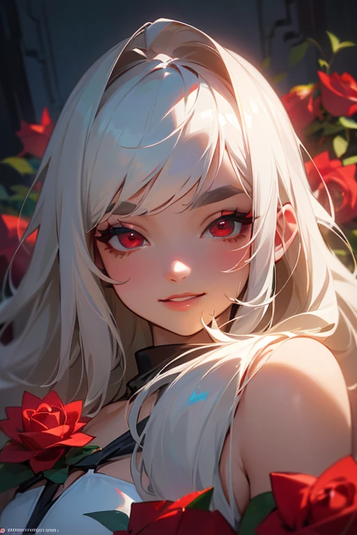 (highest quality, masterpiece:1.2), High resolution, 最高masterpiece、Very detailed, Realistic:1.37, Fantasy, An illustration,Gray Hair、 Red eyes、Queen, White and red swimsuit、beautifully、Eyeshadow Red、Thick eyebrows、Long eyelashes、pupils are black、shiny on the lips、Top Sites、Queen、Princess、A kind smile、Show your teeth a little and smile、Soft impression、people々々々々々々々Loved by、Slimming the face、Kissing Face、Long white hair、Shaggy Bangs、Save face image、Long straight line、Many roses in the background、White and red bikini、