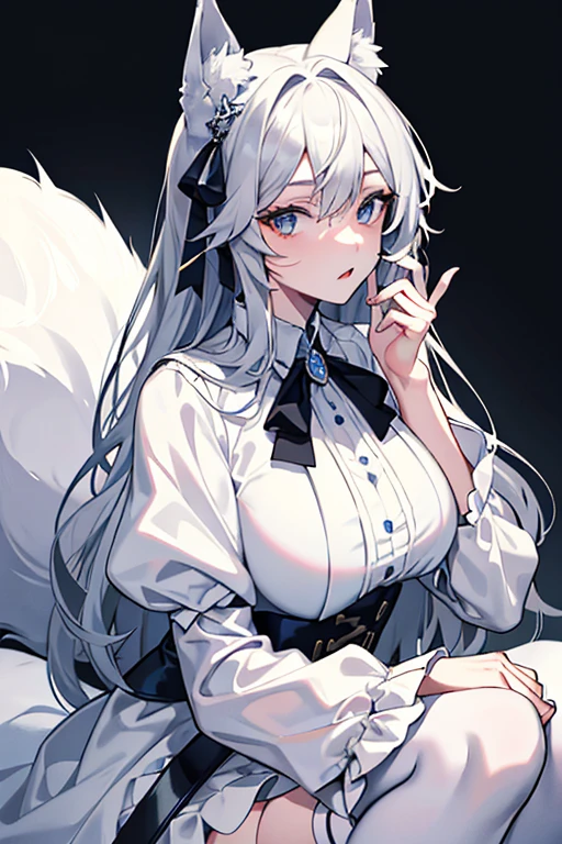 best qualtiy，tmasterpiece，The is very detailed，4K，Gray hair and shallow eyes，Drag cool expressions，Wolf ears，Erect scar on the left eye，British style，1girl，Absolutely beautiful, big bust, white costume, ear ribbon