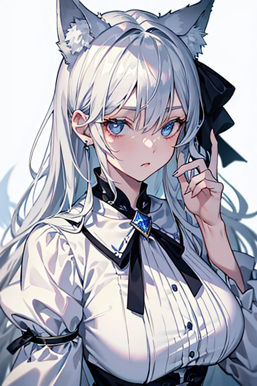 best qualtiy，tmasterpiece，The is very detailed，4K，Gray hair and shallow eyes，Drag cool expressions，Wolf ears，Erect scar on the left eye，British style，1girl，Absolutely beautiful, big bust, white costume, ear ribbon