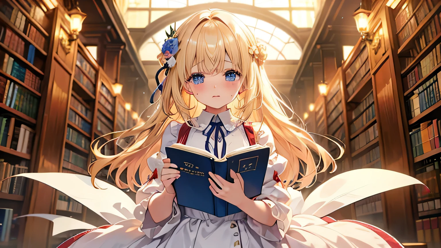 ((highest quality)), ((masterpiece)), (detailed), One girl, 、library、blonde、Smooth Hair、cry、Reading a book、tears