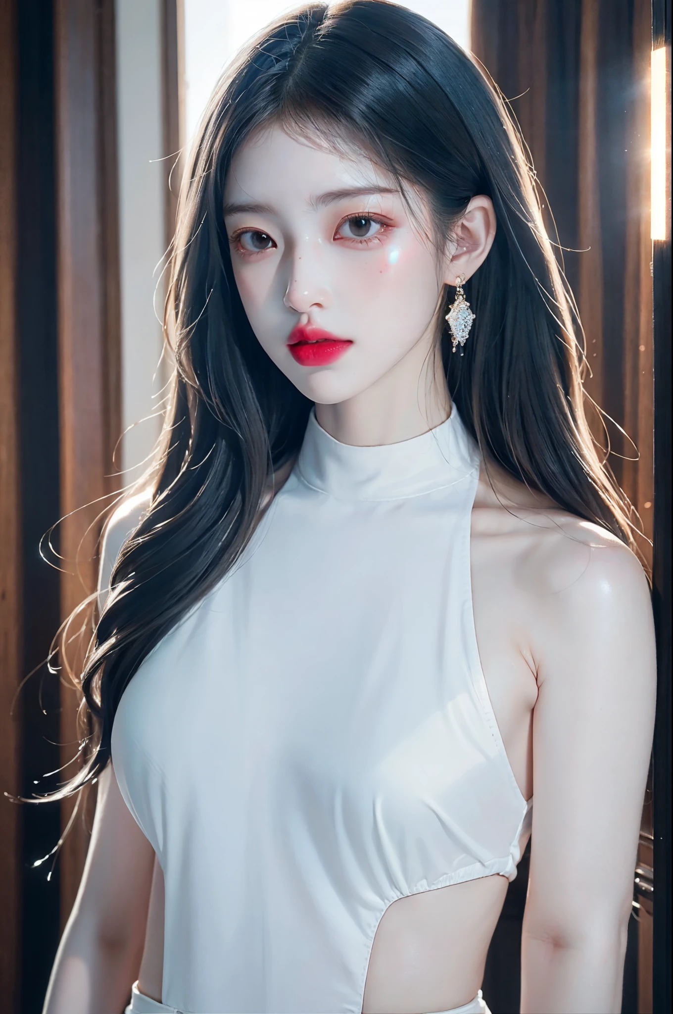 1 female, SFW,  Beautiful dark-haired woman in an arcade, (whole body:1.7), AS-Adult, Detailed skin, ultra Realistic 8k cg, 그림처럼 perfection 얼굴, perfection, clean, masterpiece, 전문적인 figure, Famous works of art, Cinema Lighting,  highest quality, masterpiece, figure, (Realistic, photo-Realistic:1.37),bikini,whole bodyショット,Full Body,Big Breasts,Movie scene background,wonderful, In detail, Unbelievably absurd, Large file size, Very detailed, mackerel, Very detailed CG Unity 8k 벽지, Ray Tracing. Image background is blurred., depth of field and extremely photoRealistic quality., (Milky skin, Glowing Skin:1.5). 