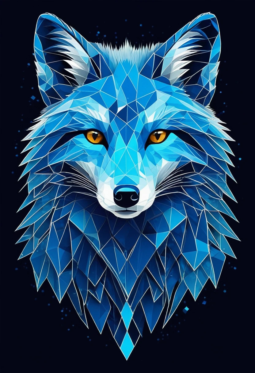 Create a digital image of a blue fox that combines elements of cryptography. The fox must have a modern and stylized design, with geometric patterns and bright colors that represent blockchain technology. Integrates cryptic symbols and code chains into its fur to give it an enigmatic and futuristic look. Make sure the fox&#39;s environment also reflects a technological theme, con fondos que recuerden a redes y matrices digitales.