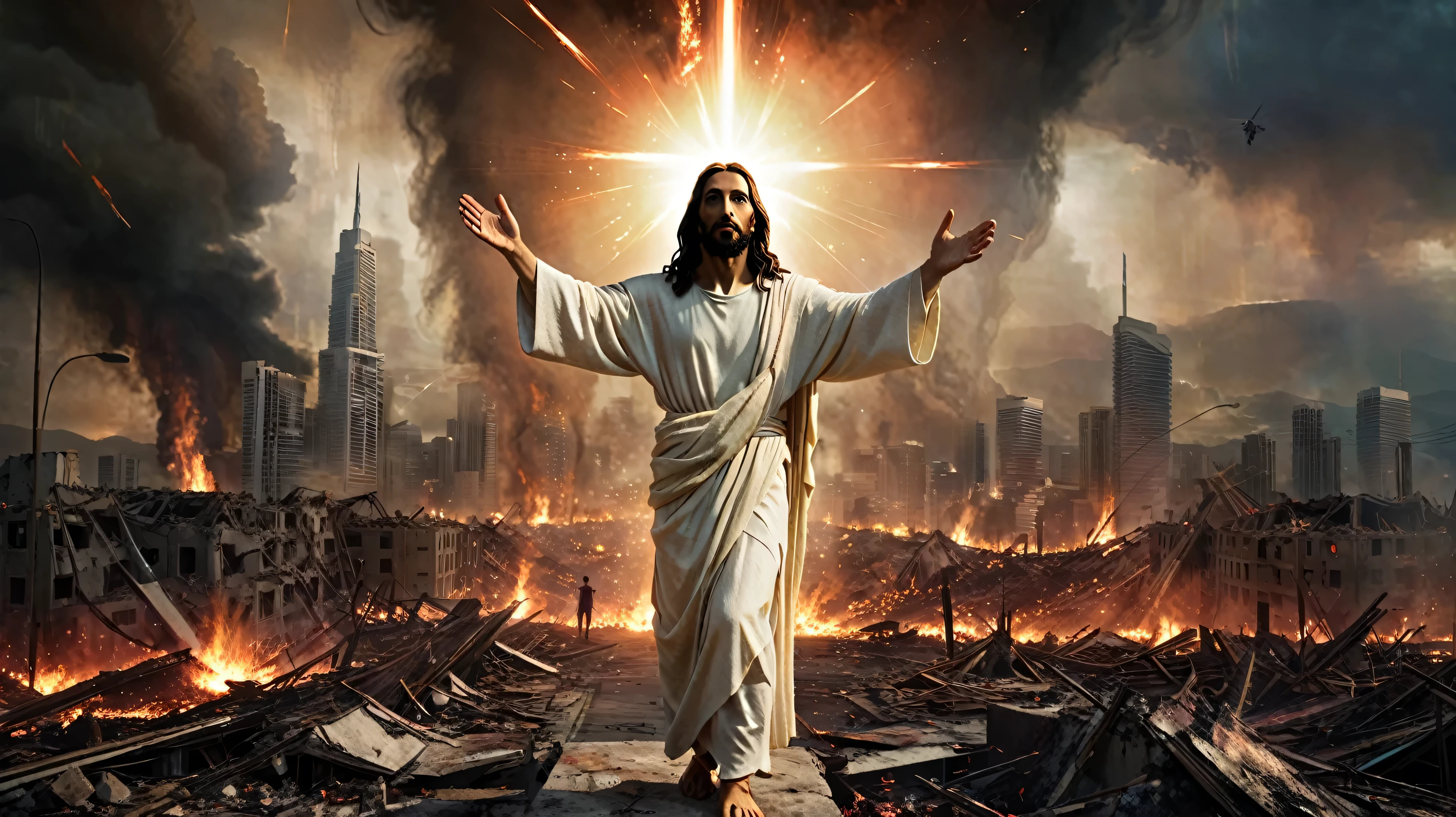 blurred image of Jesus standing in front of a city in destruction, arte do apocalipse!!!!, epic biblical representation, Jesus Cristo, arte do apocalipse, Jesus Cristo in mass effect, cyberpunk Jesus Cristo, segunda vinda, jesus, apocalyptic art, arte conceitual de deus, por Darek Zabrocki, prophetic art, dull painting, dark painting, de arte, Jesus Cristo fighting lucifer