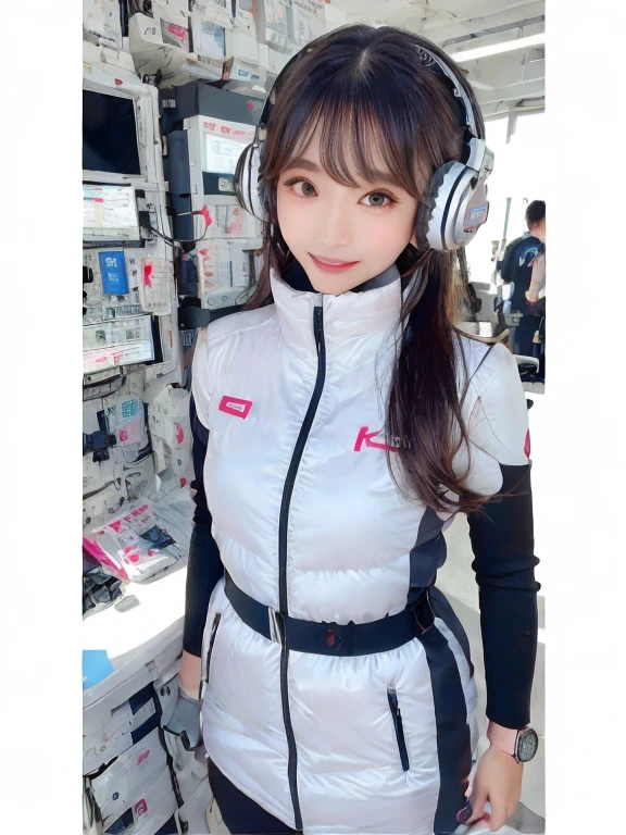 masterpiece, highest quality, Very detailed, 8K Portrait,Japanese Android Girl,plump , Control panel,Robotic arms and legs, Blunt bangs,,break (Metallic Gray, Metallic luster, Mirror finish, Astro Best):5,headphone:5,break (Black sleeves):100,Smart Watches,Futuristic space station,Control Room,break headphone,blue eyes,(Black Hair):2,(Long Hair):1.3,View the viewer,(respirator),break blush:3,Hidden Hand,smile