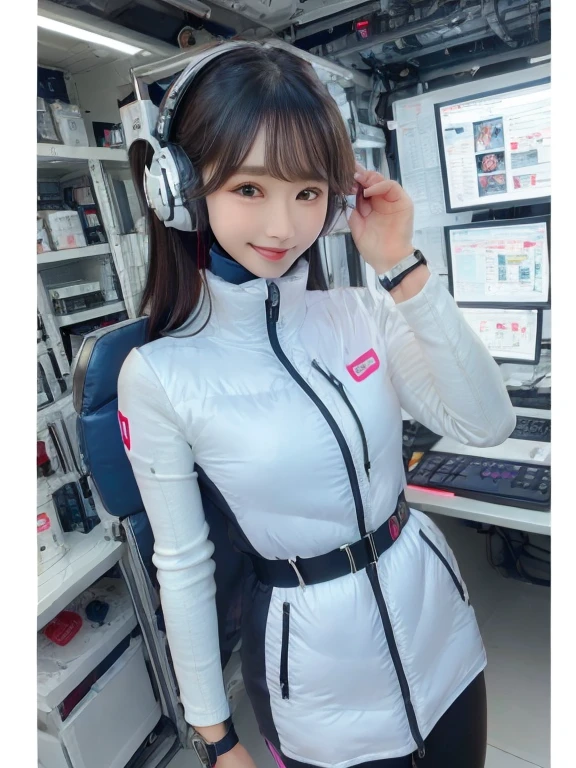 masterpiece, highest quality, Very detailed, 8K Portrait,Japanese Android Girl,plump , Control panel,Robotic arms and legs, Blunt bangs,,break (Metallic Gray, Metallic luster, Mirror finish, Astro Best):5,headphone:5,break (Black sleeves):100,Smart Watches,Futuristic space station,Control Room,break headphone,blue eyes,(Black Hair):2,(Long Hair):1.3,View the viewer,(respirator),break blush:3,Hidden Hand,smile