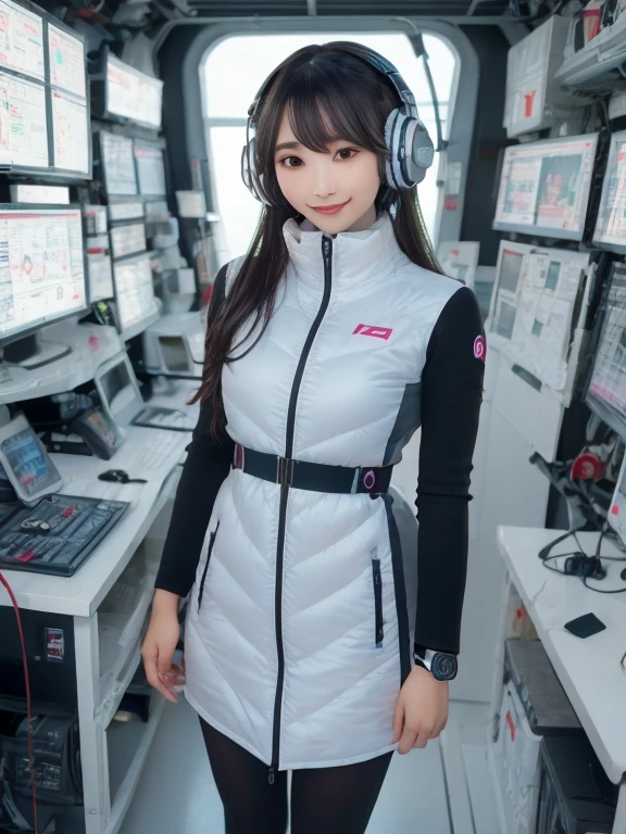 masterpiece, highest quality, Very detailed, 8K Portrait,Japanese Android Girl,plump , Control panel,Robotic arms and legs, Blunt bangs,,break (Metallic Gray, Metallic luster, Mirror finish, Astro Best):5,headphone:5,break (Black sleeves):100,Smart Watches,Futuristic space station,Control Room,break headphone,blue eyes,(Black Hair):2,(Long Hair):1.3,View the viewer,(respirator),break blush:3,Hidden Hand,smile