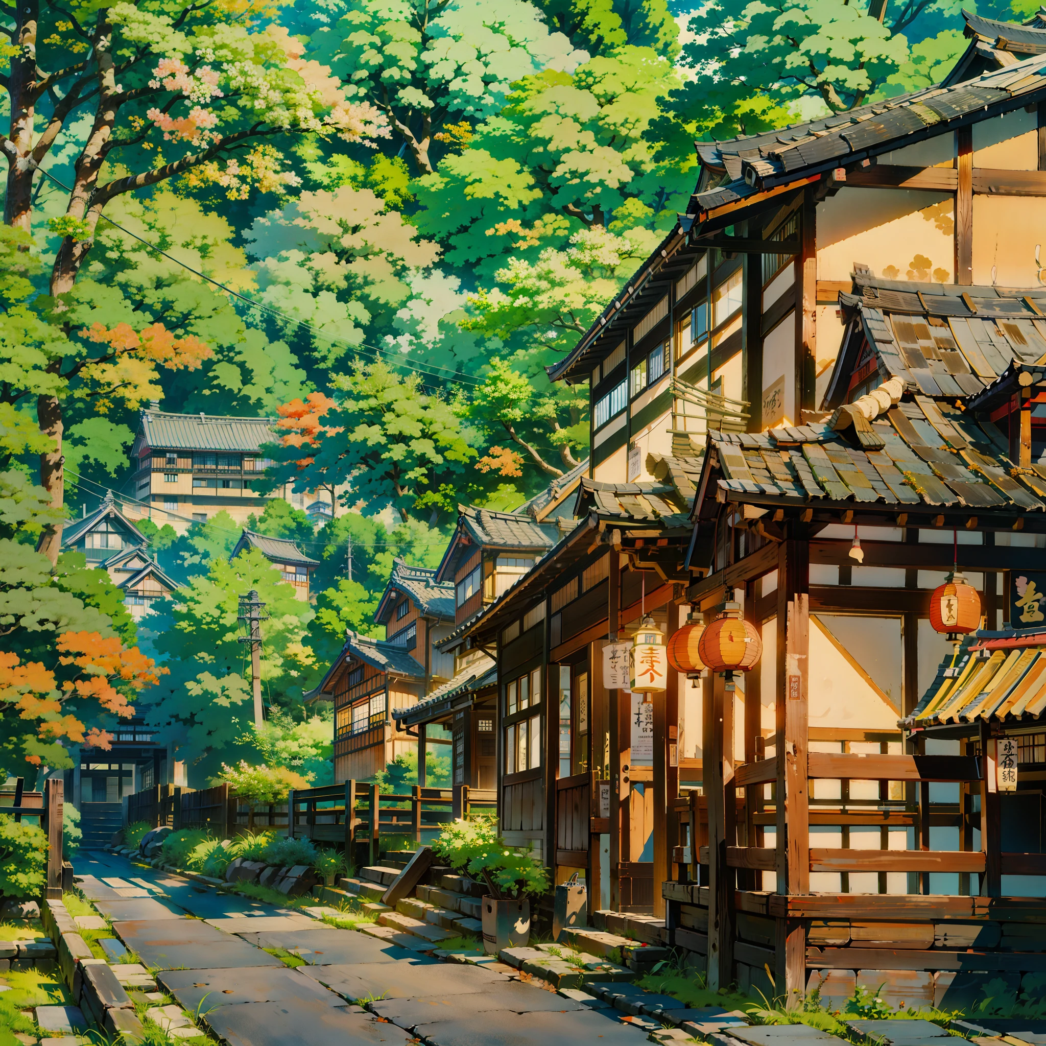 there are many lanterns hanging from the roof of a building, japanese village, japanese town, japanese street, japanese neighborhood, ryokans and edo era houses, japanese city, kyoto inspired, kyoto japan setting, japanese rural town, japan travel aesthetic, japanese house, rural japan, ancient japanese architecture, edo japan, japanese architecture, japanese downtown, kyoto, japanese style, japanese temples