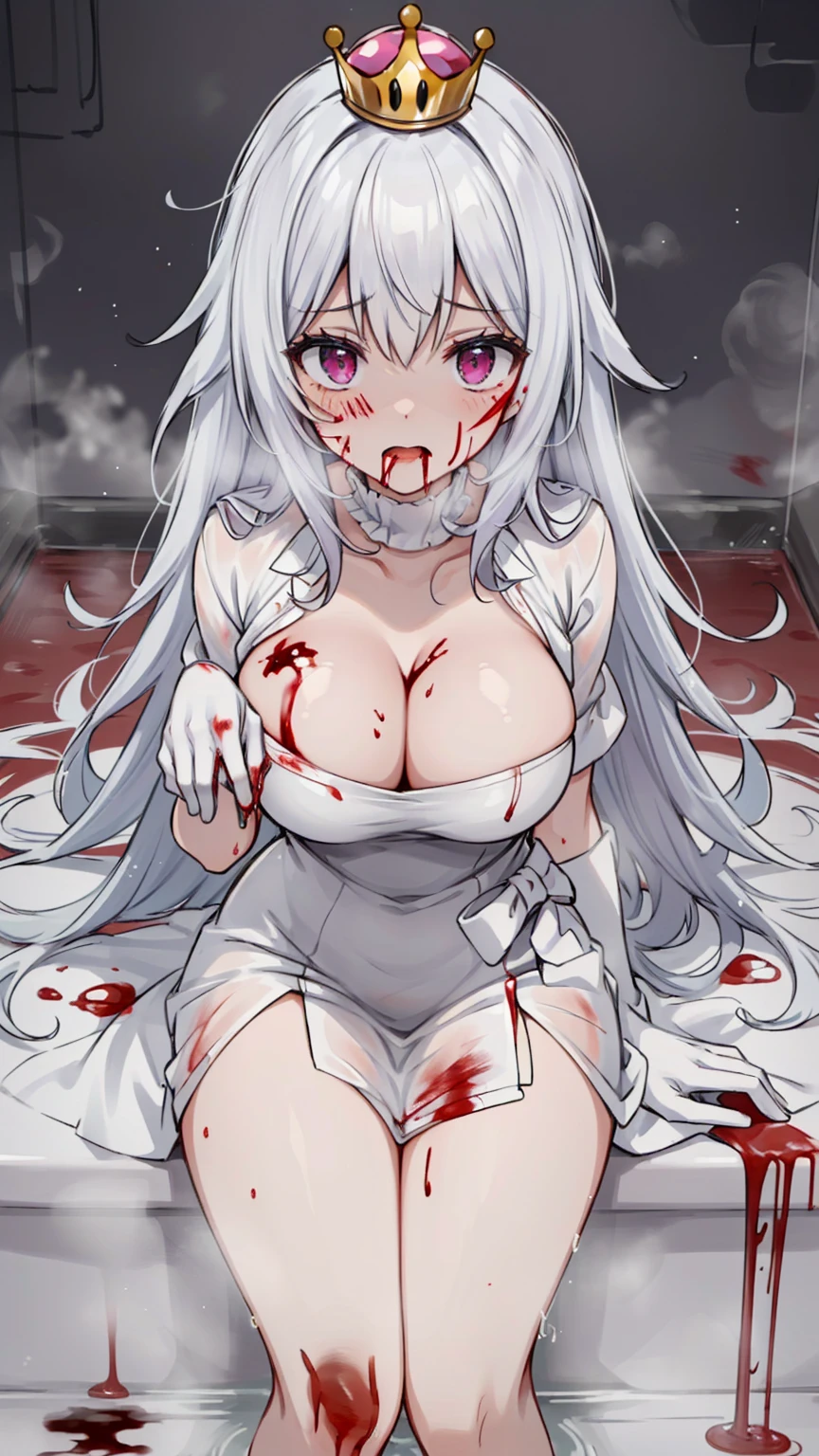 (masterpiece, best quality), intricate details,
1girl, Boosette_Mario, , long hair, white hair, long white dress, ballroom dress, white gloves,
indoors, bathroom, toilet, urinal, torn clothes, blood on face, scared, (purple eyes), (drenched on Blood), (((bath on Blood))), (((Blood))), (((Blood on breasts))), (((breasts covered on Blood))), (((bleeding breasts))), (((Blood on cleavage)))