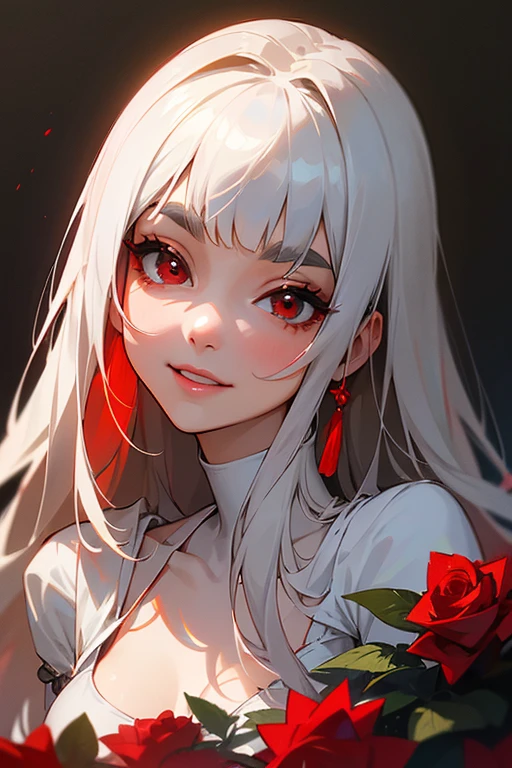 (highest quality, masterpiece:1.2), High resolution, 最高masterpiece、Very detailed, Realistic:1.37, Fantasy, An illustration,Gray Hair、 Red eyes、Queen, White and red swimsuit、beautifully、Eyeshadow Red、Thick eyebrows、Long eyelashes、pupils are black、shiny on the lips、Top Sites、Queen、Princess、A kind smile、Show your teeth a little and smile、Soft impression、people々々々々々々々Loved by、Slimming the face、Kissing Face、Long white hair、Shaggy Bangs、Save face image、Long straight line、Many roses in the background、White and red bikini、