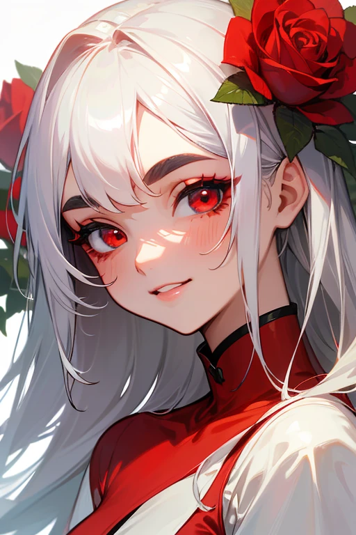 (highest quality, masterpiece:1.2), High resolution, 最高masterpiece、Very detailed, Realistic:1.37, Fantasy, An illustration,Gray Hair、 Red eyes、Queen, White and red swimsuit、beautifully、Eyeshadow Red、Thick eyebrows、Long eyelashes、pupils are black、shiny on the lips、Top Sites、Queen、Princess、A kind smile、Show your teeth a little and smile、Soft impression、people々々々々々々々Loved by、Slimming the face、Kissing Face、Long white hair、Shaggy Bangs、Save face image、Long straight line、Many roses in the background、White and red bikini、