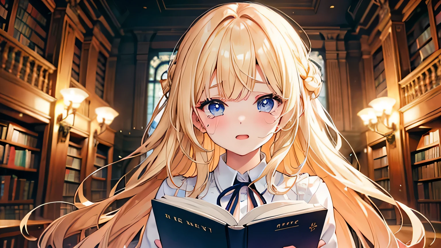 ((highest quality)), ((masterpiece)), (detailed), One girl, 、library、blonde、Smooth Hair、cry、Reading a book、tears