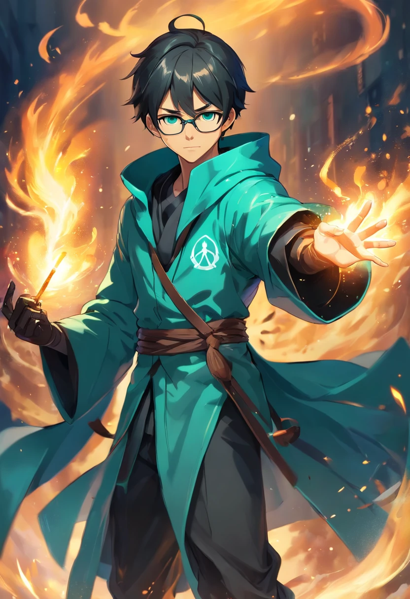(best quality,4k,8k,highres,masterpiece:1.2),ultra-detailed,physically-based rendering,professional,vivid colors,bokeh,dark and moody lighting,concept artist,portrait,anime,painted with oil,soft brush strokes,delicate features,expressive eyes,strong and determined expression,leather gloves and boots,detailed costume,standing in a dramatic pose,surrounded by swirling smoke and fire,epic battle scene,striking teal and black color scheme, 1 man, dark toned skin, black short hair, brown eyes, black rimmed glasses, facial hair, stubble, black wizard robes with hood, evil necromancer magic, handsome, brown skin tone, neon green, neon teal magics, looking at viewer, arrogant, smirking, magic runes, best quality, half body portrait, casting magics, posing, bookcase in background, books with skulls, evil anime villian, handsome man