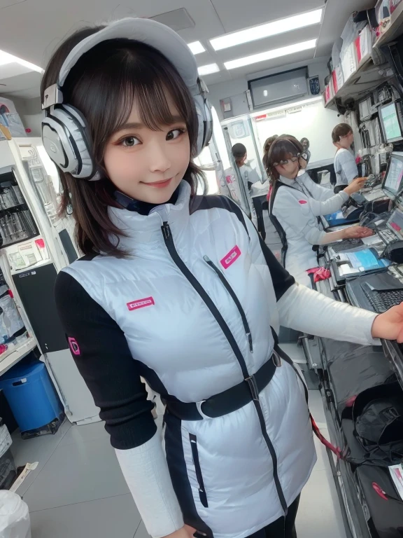 masterpiece, highest quality, Very detailed, 8K Portrait,Japanese Android Girl,plump , Control panel,Robotic arms and legs, Blunt bangs,,break (Metallic Gray, Metallic luster, Mirror finish, Astro Best):5,headphone:5,break (Black sleeves):100,Smart Watches,Futuristic space station,Control Room,break headphone,blue eyes,(Black Hair):2,(Long Hair):1.3,View the viewer,(respirator),break blush:3,Hidden Hand,smile