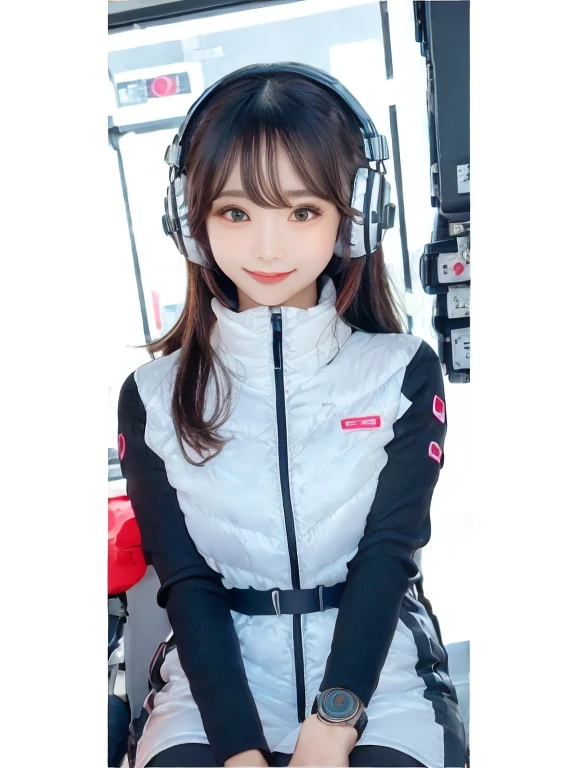 masterpiece, highest quality, Very detailed, 8K Portrait,Japanese Android Girl,plump , Control panel,Robotic arms and legs, Blunt bangs,,break (Metallic Gray, Metallic luster, Mirror finish, Astro Best):5,headphone:5,break (Black sleeves):100,Smart Watches,Futuristic space station,Control Room,break headphone,blue eyes,(Black Hair):2,(Long Hair):1.3,View the viewer,(respirator),break blush:3,Hidden Hand,smile