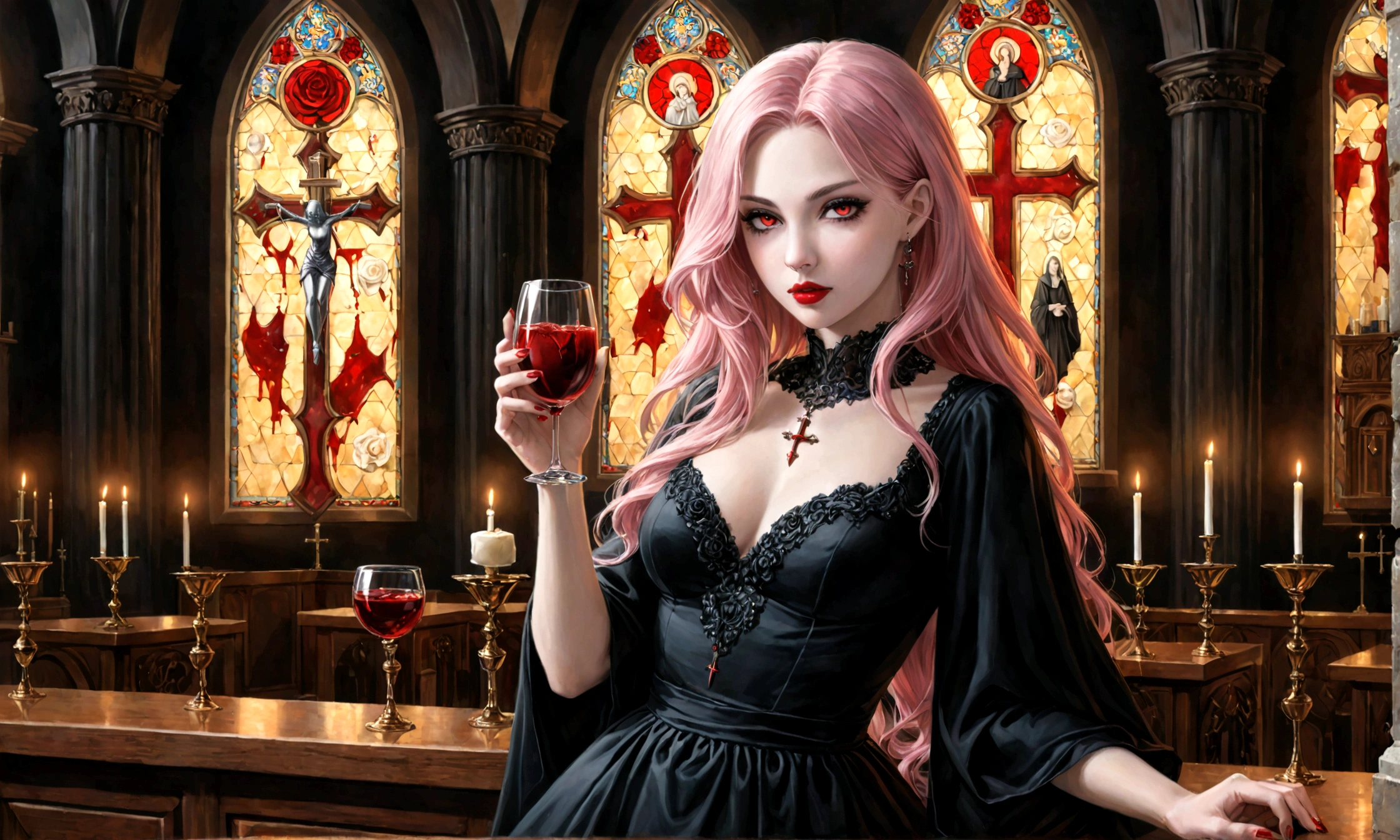 Arafed, dark fantasy art, glamour shot, award winning shot, photorealistic, a portrait of a female vampire drinking a ((glass of blood)), pink hair, long hair, red lips, glowing eyes, there is an imprint of white rose, dynamic color, she wears, an elegant (black dress: 1.5), catholic church and altar background, bar background, 16k, ultra detailed, masterpiece, best quality, (extremely detailed), Dark Art Painting Style