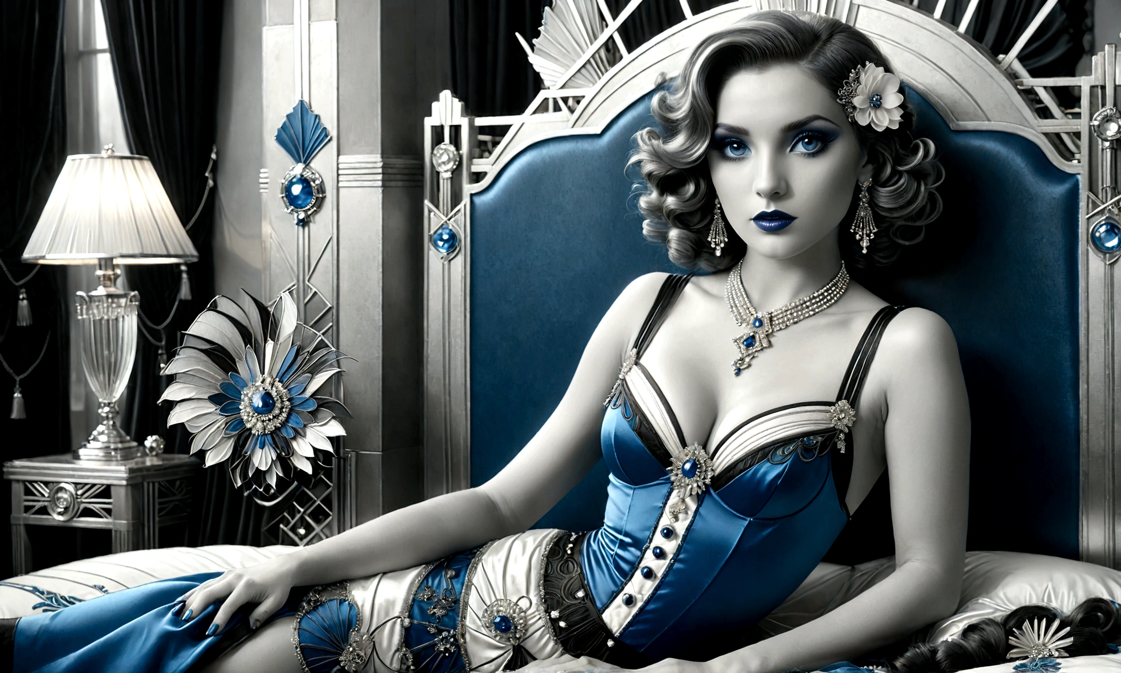 fantasy art deco (art deco: 1.5) A (black and white: 1.5) glamours portrait model shot, RAW, award winning, of an exquisite beautiful ((1single)) woman, ultra feminine, busty woman, most beautiful face, long  hair, wavy hair, wearing (blue: 1.5) silk corset, stockings, wearing intricate high heels, lying in bed, light make up, modern day high society bedroom background, (black and white filter: 1.4), (anatomically correct: 1.4),  1960s photoshoot style, picture taken from dynamic range, ultra wide shot, photorealism, depth of field, hyper realistic, Dark Art Painting Style, ais-artdeco