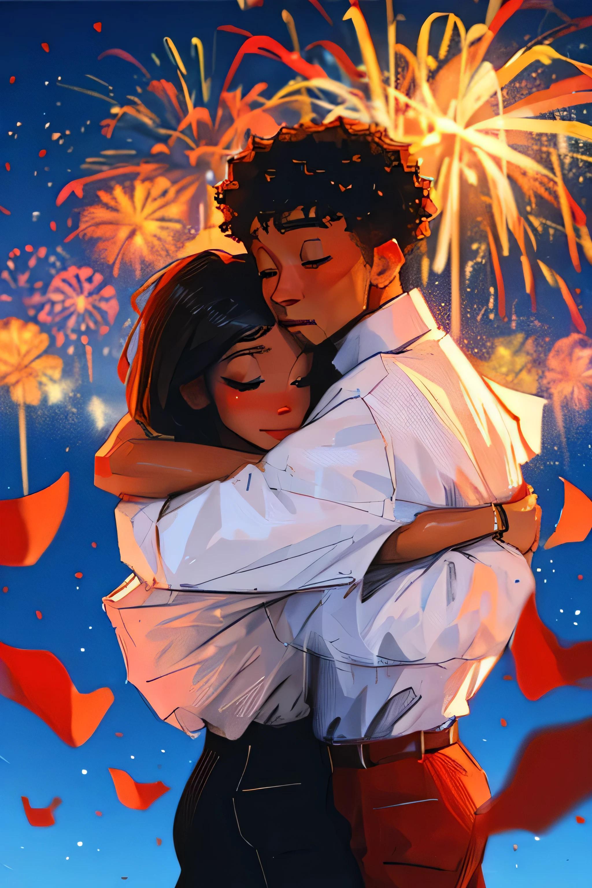 A man hugging his girlfriend whose skin is black anime type with a background of a sky with fireworks
