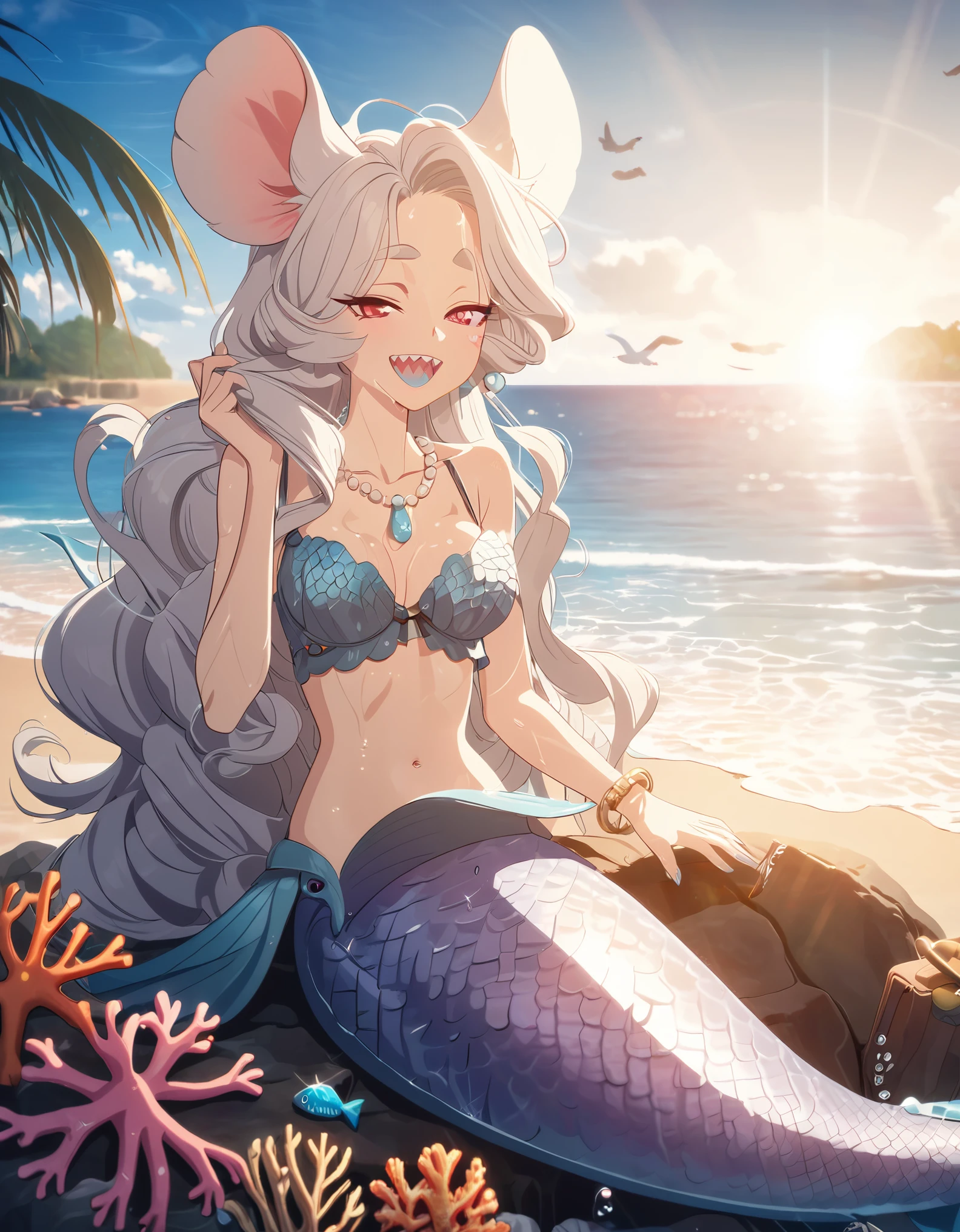 (best quality,4k,8k,highres,masterpiece:1.2),ultra-detailed, Pretty anthropomorphic albino mouse girl magically transformed into a beautiful mermaid, race swap, fantastic transformation, sharp teeth, is smiling, drawn in anime style, steampunk, fishlike, looks wet, very long curly white hair, red eyes, white fur, slim body, whiskers, mouse ears, long and detailed mermaid tail with shimmering cyan fish scales, pelvic and dorsal fins, a pair of fish gills on her torso, seashells bra, pearl earrings and bracelets, pearl necklace, manicured nails, eye-catching accessories, joyful expression, beautifully detailed lips, sitting on a rock, sandy beach, new beautiful body,she’s smiling,embracing her new life has a mermaid, brushing her hair, ocean waves,sparkling water,coconut trees,seagulls,coral reef,vibrant colors,magical glow,shimmering scales,sea breeze,warm sunlight,joyful expression,island paradise,lush tropical plants,dynamic composition,soft and smooth lines,expressive facial features,gentle water reflections,serene atmosphere, Highly detailed, masterpiece, high quality, 4K