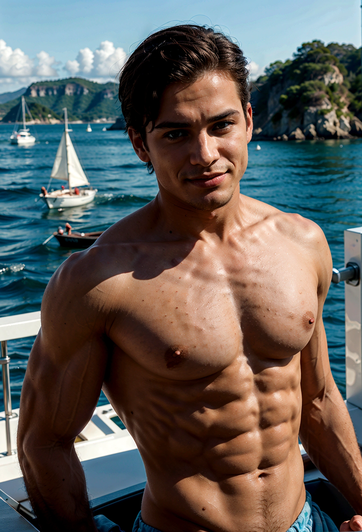 un hombre guapo, muscular, cabello corto rubio, Rasgos faciales perfectos, CRUDO, HD, 8K, looking to the camera, en un yate en el mar, vacation photography, Isla paraiso, sin camisa que muestra su impresionante pecho musculoso, Fotorrealista, dynamic lighting, perfect day, [sonriente]