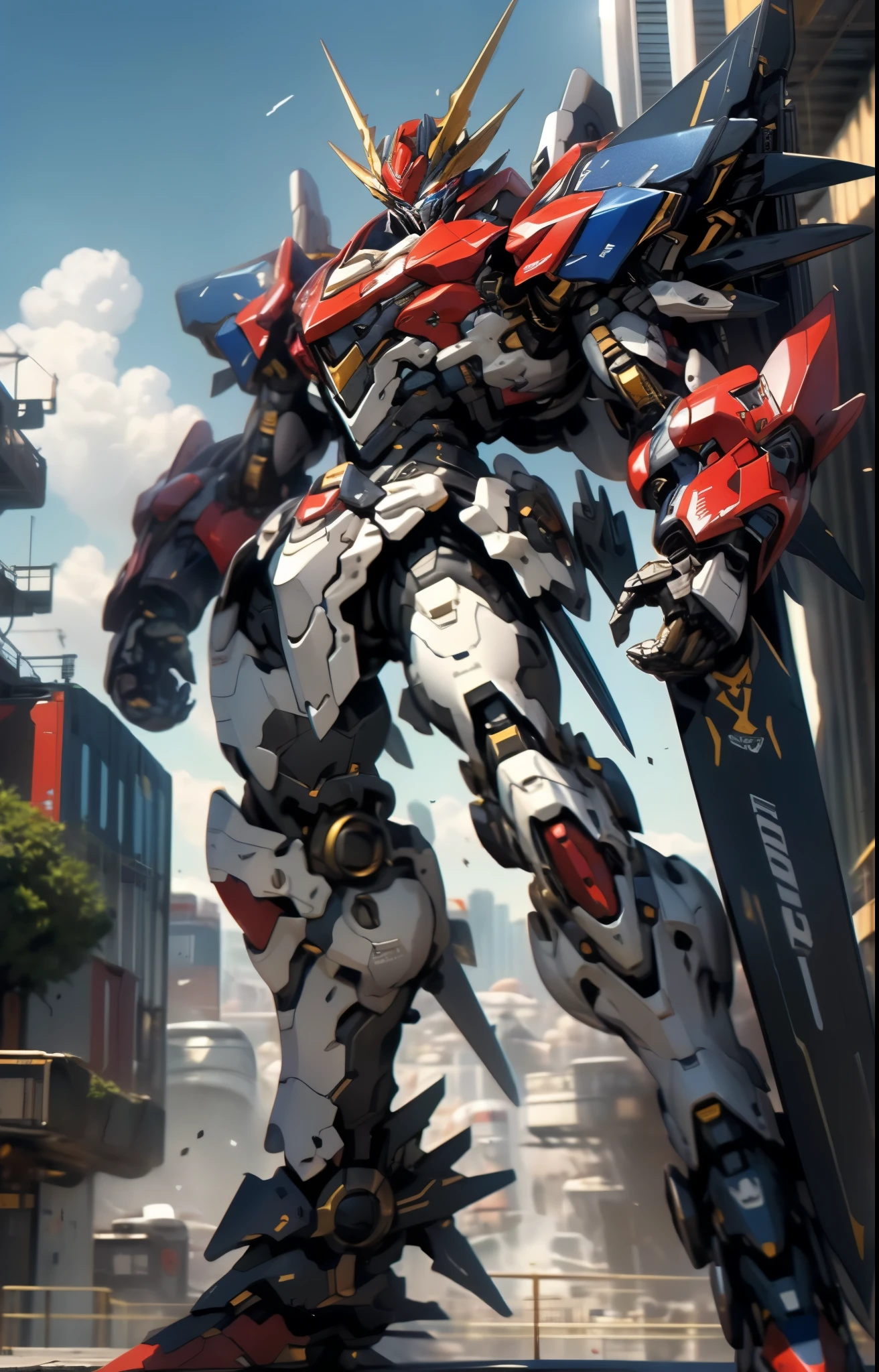 Humanoid Mecha, fully enclosed shoulder guards, matching arm and leg guards, full body, full armor, the design balances heavy with agility, (the color scheme is primarily white with red and blue accents, the concept Inspired by Super robot, organic biotech armor, standing, floating high above the futuristic sci-fi city), exquisite and mature art style, (aura effect, energy, glowing eyes, the armor glows), ((SRS)), metallic, dynamic, dramatic, high definition, best quality, highres, ultra-detailed, ultra-fine painting, extremely delicate, professional, perfect body proportions, anatomically correct, symmetrical face, extremely detailed eyes and face, high quality eyes, creativity, RAW photo, UHD, 32k, Natural light, cinematic lighting, masterpiece-anatomy-perfect, masterpiece:1.5