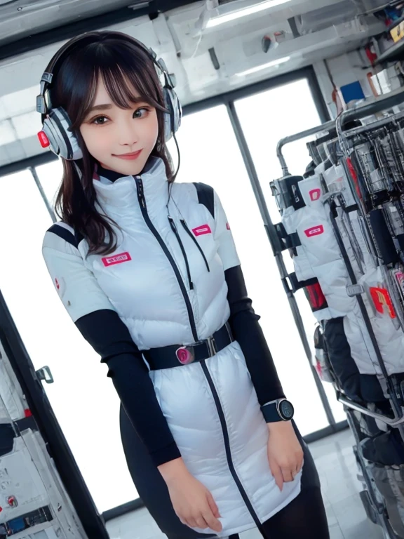 masterpiece, highest quality, Very detailed, 8K Portrait,Japanese Android Girl,plump , Control panel,Robotic arms and legs, Blunt bangs,,break (Metallic Gray, Metallic luster, Mirror finish, Astro Best):5,headphone:5,break (Black sleeves):100,Smart Watches,Futuristic space station,Control Room,break headphone,blue eyes,(Black Hair):2,(Long Hair):1.3,View the viewer,(respirator),break blush:3,Hidden Hand,smile