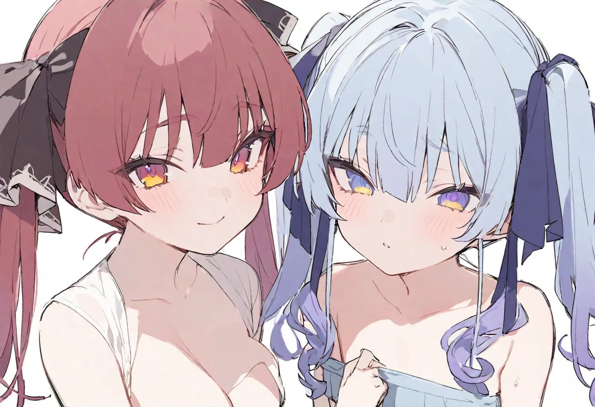 delicate、masterpiece、highest quality、2 peopleの女の子、2 peopleだけ、2 people、virtual、cute、(((Houshou Marine,cute、Redhead、Twin tails,distinct eyes,The left eye is yellow and the right eye is red.,No hat)))、(((Hotmachi water supply、cute、Light blue hair、Long Hair,Light blue eyes,Blue ribbon on chest)))、White Background、Flat Color、sketch