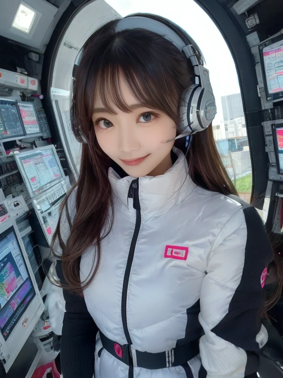 masterpiece, highest quality, Very detailed, 8K Portrait,Japanese Android Girl,plump , Control panel,Robotic arms and legs, Blunt bangs,,break (Metallic Gray, Metallic luster, Mirror finish, Astro Best):5,headphone:5,break (Black sleeves):100,Smart Watches,Futuristic space station,Control Room,break headphone,blue eyes,(Black Hair):2,(Long Hair):1.3,View the viewer,(respirator),break blush:3,Hidden Hand,smile