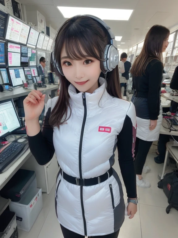masterpiece, highest quality, Very detailed, 8K Portrait,Japanese Android Girl,plump , Control panel,Robotic arms and legs, Blunt bangs,,break (Metallic Gray, Metallic luster, Mirror finish, Astro Best):5,headphone:5,break (Black sleeves):100,Smart Watches,Futuristic space station,Control Room,break headphone,blue eyes,(Black Hair):2,(Long Hair):1.3,View the viewer,(respirator),break blush:3,Hidden Hand,smile