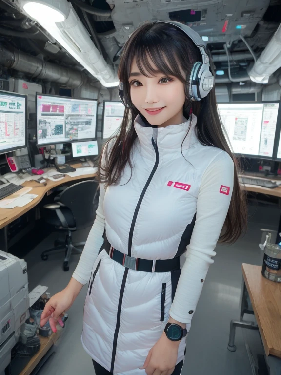 masterpiece, highest quality, Very detailed, 8K Portrait,Japanese Android Girl,plump , Control panel,Robotic arms and legs, Blunt bangs,,break (Metallic Gray, Metallic luster, Mirror finish, Astro Best):5,headphone:5,break (Black sleeves):100,Smart Watches,Futuristic space station,Control Room,break headphone,blue eyes,(Black Hair):2,(Long Hair):1.3,View the viewer,(respirator),break blush:3,Hidden Hand,smile