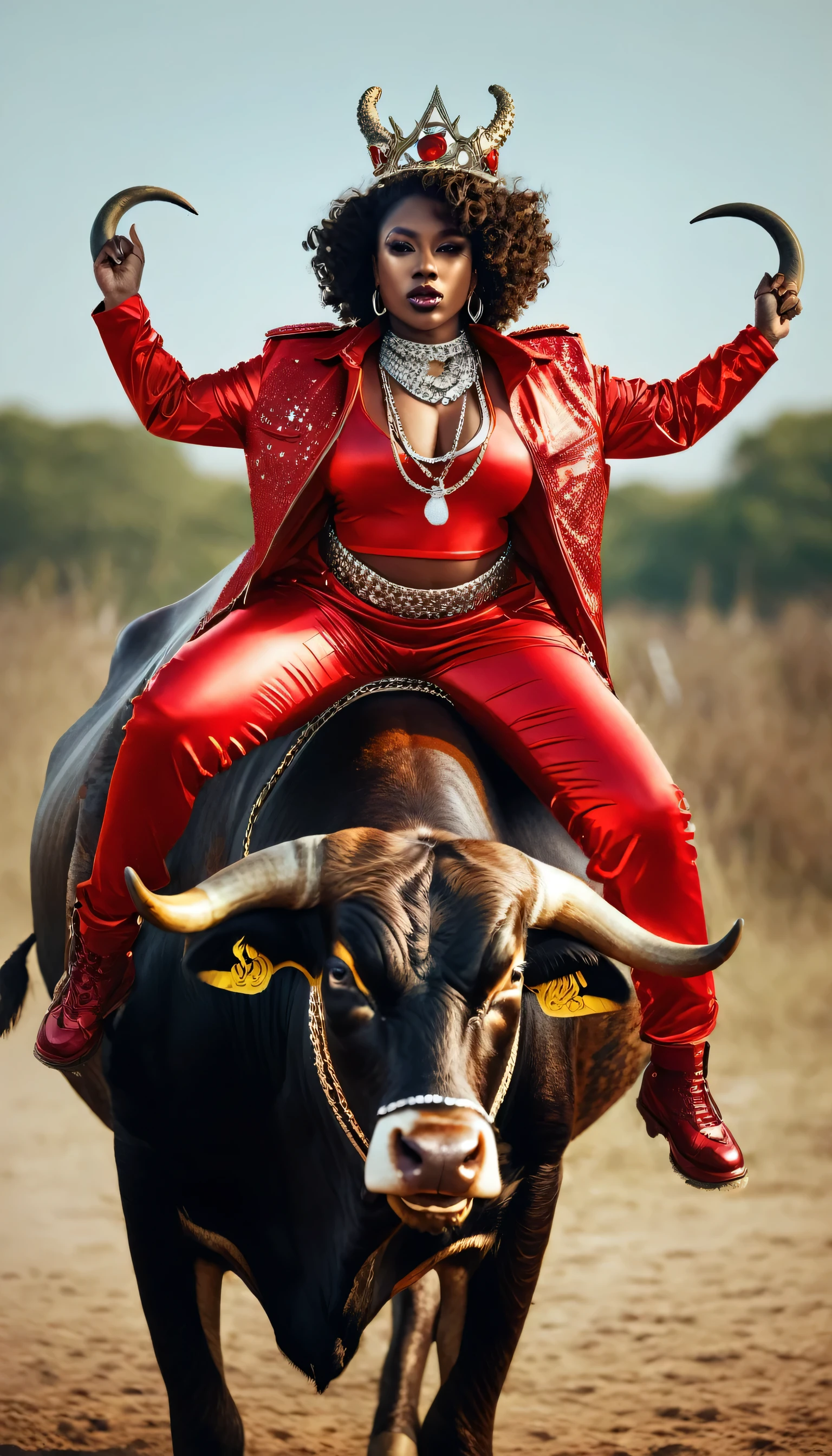 A thick black woman with a ((bull horn crown)) made of diamonds riding a Bull, bull zodiac sign, black woman riding a bull, red clothes, afrofuturism, hip hop clothes, rapper, ultra quality, beautiful face, curly Hair, very detailed