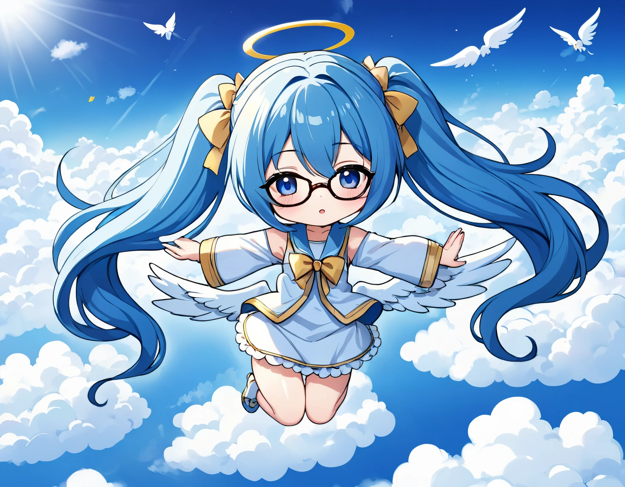 Light blue long hair、beautiful girl with twin tails、I wear glasses have angel wings、fly in the sky、Long Blue Hair((Chibi Character))、fluffy、Above the Clouds、Esbian all over、Top quality with floating clouds、The center is large、