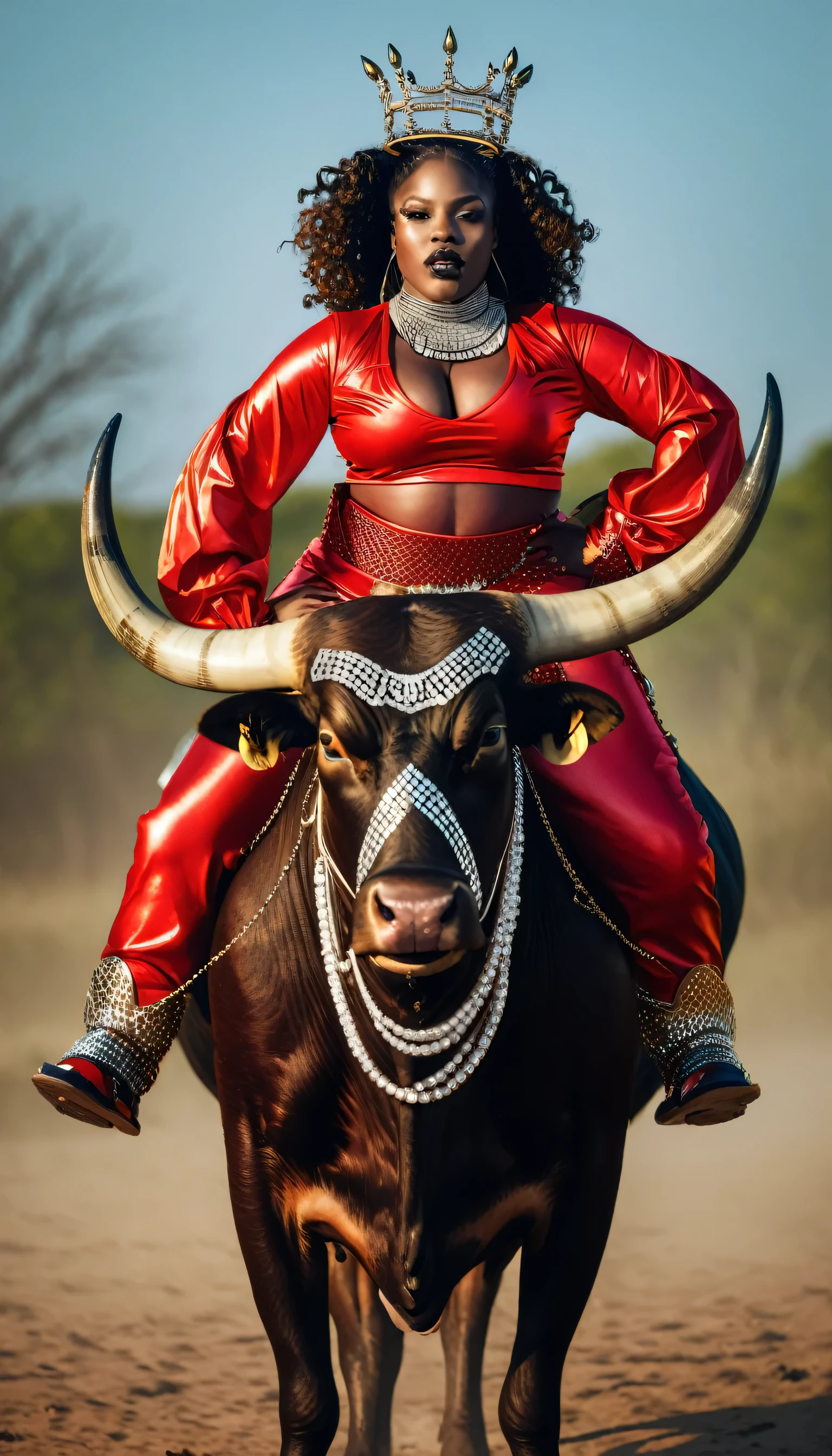 A thick black woman with a ((bull horn crown)) made of diamonds riding a Bull, bull zodiac sign, black woman riding a bull, red clothes, afrofuturism, hip hop clothes, rapper, ultra quality, beautiful face, curly Hair, very detailed