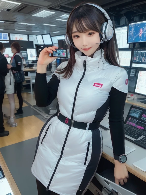 masterpiece, highest quality, Very detailed, 8K Portrait,Japanese Android Girl,plump , Control panel,Robotic arms and legs, Blunt bangs,,break (Metallic Gray, Metallic luster, Mirror finish, Astro Best):5,headphone:5,break (Black sleeves):100,Smart Watches,Futuristic space station,Control Room,break headphone,blue eyes,(Black Hair):2,(Long Hair):1.3,View the viewer,(respirator),break blush:3,Hidden Hand,smile