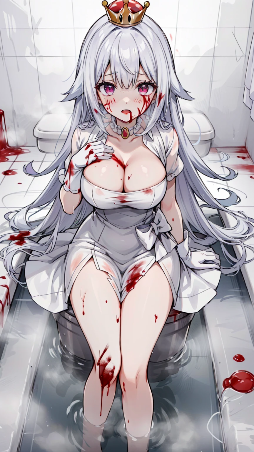 (masterpiece, best quality), intricate details,
1girl, Boosette_Mario, , long hair, white hair, long white dress, ballroom dress, white gloves,
indoors, bathroom, toilet, urinal, torn clothes, blood on face, scared, (purple eyes), (drenched on Blood), (((bath on Blood))), (((Blood))), (((Blood on breasts))), (((breasts covered on Blood))), (((bleeding breasts))), (((Blood on cleavage)))