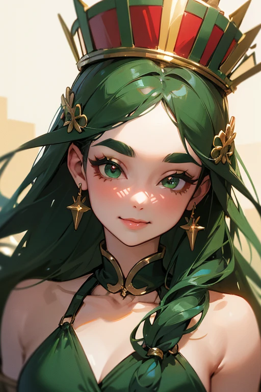 (highest quality, masterpiece:1.2), High resolution, Very detailed, Realistic:1.37, Fantasy, An illustration, Green Eyes、Queen, Red and green swimsuit、Platinum decoration、beautifully、Eyeshadow Red、Thick eyebrows、Long eyelashes、pupils are black、Her hair is dark green、Gold crown、Kissing Face、Embarrassing、Beloved by the crowd、Hair is green、Braiding、hair ornaments、Laugh gently、Close one eye、Wink、Wink、From the waist up、bikini、