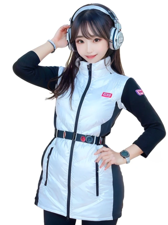 masterpiece, highest quality, Very detailed, 8K Portrait,Japanese Android Girl,plump , Control panel,Robotic arms and legs, Blunt bangs,,break (Metallic Gray, Metallic luster, Mirror finish, Astro Best):5,headphone:5,break (Black sleeves):100,Smart Watches,Futuristic space station,Control Room,break headphone,blue eyes,(Black Hair):2,(Long Hair):1.3,View the viewer,(respirator),break blush:3,Hidden Hand,smile