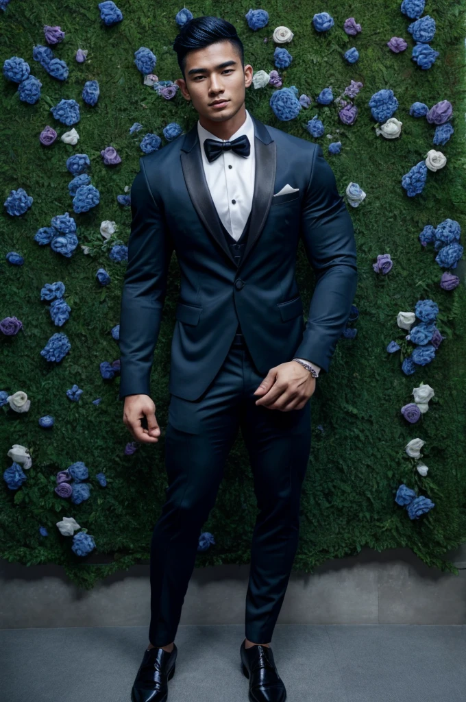 a young man, Indonesian, age 20, perfect face, sharp nose, beautiful lips, perfect body, natural muscles, full body, dashing, slim body, abdominal muscles, A young asian man with short dark hair wearing a black tuxedo surrounded by blue roses