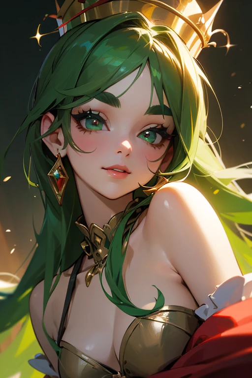 (highest quality, masterpiece:1.2), High resolution, Very detailed, Realistic:1.37, Fantasy, An illustration, Green Eyes、Queen, Red and green swimsuit、Platinum decoration、beautifully、Eyeshadow Red、Thick eyebrows、Long eyelashes、pupils are black、Her hair is dark green、Gold crown、Kissing Face、Embarrassing、Beloved by the crowd、Hair is green、Braiding、hair ornaments、Laugh gently、Close one eye、Wink、Wink、From the waist up、bikini、
