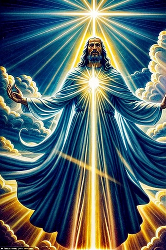 Luz Divina: A blinding glow descends from the sky, involving Enoch in his triumphal ascension, as if emanating from God himself. Enoch in Ecstasy: Enoch's face brims with peace and wonder as he rises to paradise, your eyes fixed on the sky with devotion. Coro Angelical: Heavenly angels sing joyful songs, their angelic voices echoing in harmony with the trumpets that announce the ascension of Enoch. Nuvens Celestiais: Nuvens brancas e douradas formam um caminho acolhedor, como um tapete celestial que guia Enoque em sua jornada. Montanha Sagrada: Uma montanha imponente, symbol of spiritual elevation, serves as a basis for ascension, its peaks reaching for the sky. Carruagem Flamejante: Uma carruagem de fogo, carved from golden clouds and drawn by winged steeds, transports Enoch on his triumphant ascent to the heavens. Asas Angelicais: Asas brancas e luminosas, como penas de anjos, envolvem Enoque, symbolizing protection and heavenly guidance on your journey. Harpas Celestiais: Melodias angelicais emanam de harpas douradas, tocadas por anjos com faces serenas, accompanying Enoch on his ascension. Raios Divinos: Raios de luz divina, como fios de ouro, descend from the sky, illuminating Enoch's path to paradise and guiding him on his journey. Celestial Gate: Um portal dourado e reluzente, adorned with pearls and precious stones, se abre, convidando Enoque a entrar no reino eterno. Pomba Sagrada: Uma pomba branca, symbol of the Holy Spirit, hovers beside Enoch on his ascension, representing the divine presence that accompanies him. Winged lion: A winged lion, majestoso e poderoso, com crina dourada e olhos flamejantes, acompanha Enoque em sua jornada, symbolizing strength, protection and heavenly royalty. Mystic Griffin: Um grifo, mythical creature that combines strength and wisdom, with lion's body and eagle's head, vigia Enoque em seu caminho, representing divine vigilance and wisdom. Estrelas Cintilantes: Um manto de estrelas cintilantes, como diamantes espa