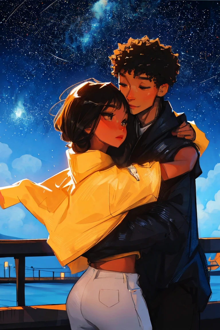 A man hugging with his girlfriend whose skin is black anime type with a background that they are on a bridge at night with the sky that has several stars