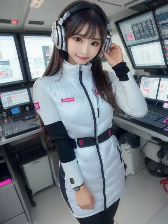 masterpiece, highest quality, Very detailed, 8K Portrait,Japanese Android Girl,plump , Control panel,Robotic arms and legs, Blunt bangs,,break (Metallic Gray, Metallic luster, Mirror finish, Astro Best):5,headphone:5,break (Black sleeves):100,Smart Watches,Futuristic space station,Control Room,break headphone,blue eyes,(Black Hair):2,(Long Hair):1.3,View the viewer,(respirator),break blush:3,Hidden Hand,smile