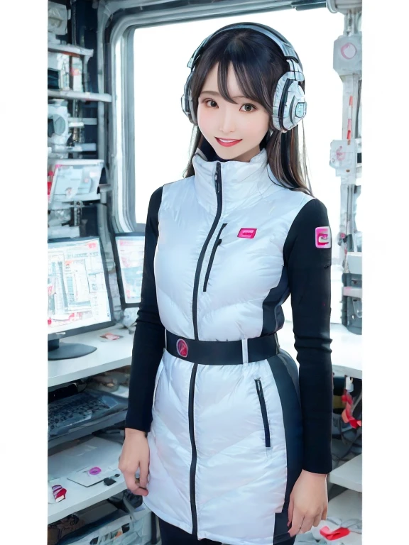 masterpiece, highest quality, Very detailed, 8K Portrait,Japanese Android Girl,plump , Control panel,Robotic arms and legs, Blunt bangs,,break (Metallic Gray, Metallic luster, Mirror finish, Astro Best):5,headphone:5,break (Black sleeves):100,Smart Watches,Futuristic space station,Control Room,break headphone,blue eyes,(Black Hair):2,(Long Hair):1.3,View the viewer,(respirator),break blush:3,Hidden Hand,smile