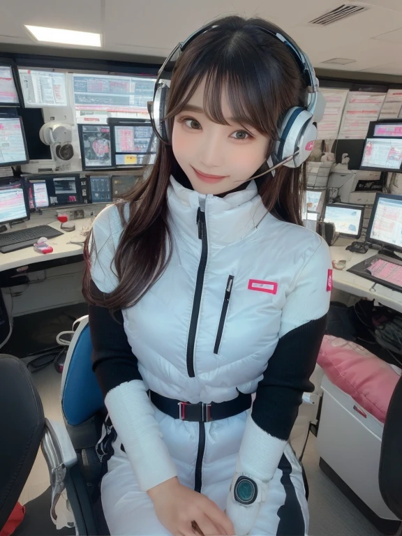 masterpiece, highest quality, Very detailed, 8K Portrait,Japanese Android Girl,plump , Control panel,Robotic arms and legs, Blunt bangs,,break (Metallic Gray, Metallic luster, Mirror finish, Astro Best):5,headphone:5,break (Black sleeves):100,Smart Watches,Futuristic space station,Control Room,break headphone,blue eyes,(Black Hair):2,(Long Hair):1.3,View the viewer,(respirator),break blush:3,Hidden Hand,smile
