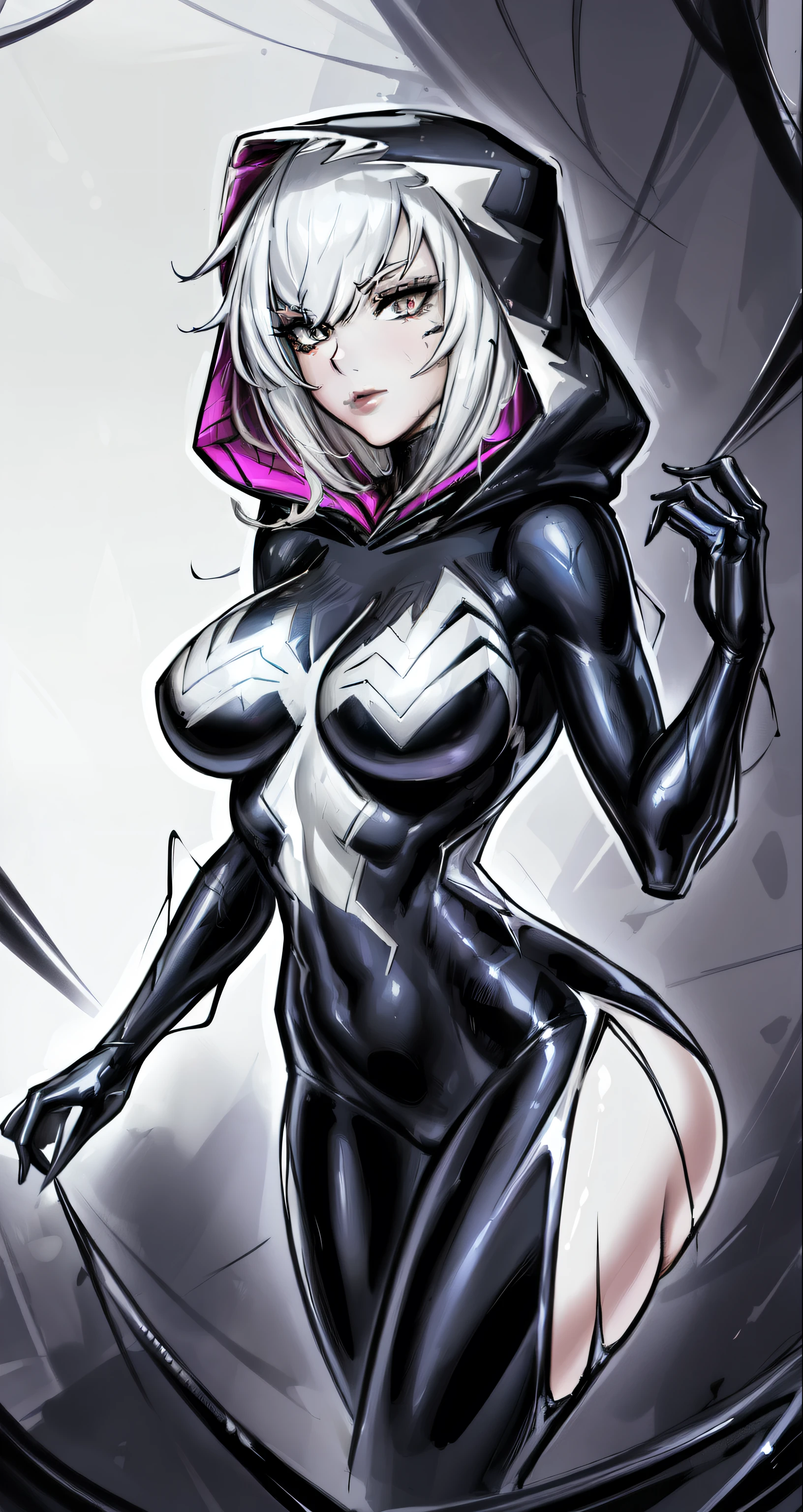 ((best quality)), (highly detailed:1.2), masterpiece, ((official art)),1girl, solo,beautiful face,
symbiote,spider gwen,SVGM,hood, completely black clothing, looking to the side, body to the side, the body is to the side, she's standing, pernas abertas