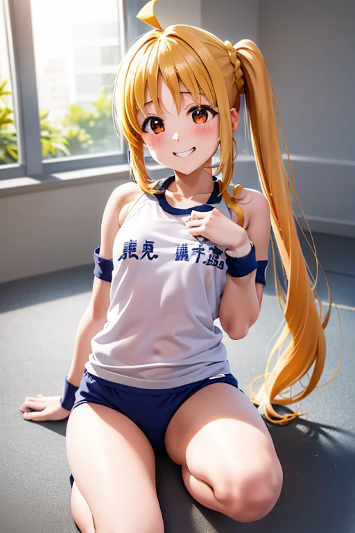 (Tabletop), highest quality, High resolution, 4K, One Girl, alone, blush、smile、Nice hands, 1 in, Side Ponytail, Long Hair, Ahoge, (Navy blue cuffs and white short-sleeved gym uniform)、(Bloomers are bikini type)、(
barefoot)、Navy blue socks、大きなsmile、Ground、Schoolyard、Sexy pose