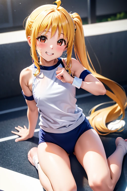 (Tabletop), highest quality, High resolution, 4K, One Girl, alone, blush、smile、Nice hands, 1 in, Side Ponytail, Long Hair, Ahoge, (Navy blue cuffs and white short-sleeved gym uniform)、(Bloomers are bikini type)、(
barefoot)、Navy blue socks、大きなsmile、Ground、Schoolyard、Sexy pose