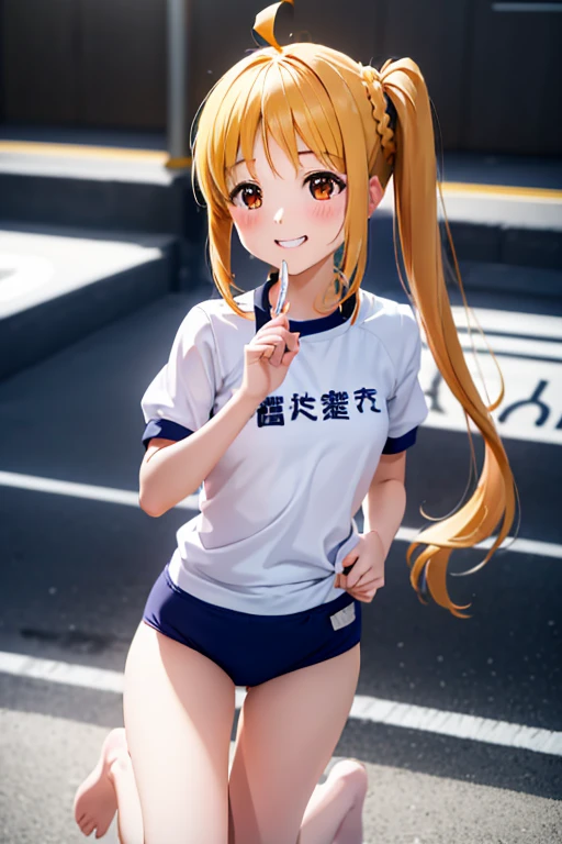 (Tabletop), highest quality, High resolution, 4K, One Girl, alone, blush、smile、Nice hands, 1 in, Side Ponytail, Long Hair, Ahoge, (Navy blue cuffs and white short-sleeved gym uniform)、(Bloomers are bikini type)、(
barefoot)、Navy blue socks、大きなsmile、Ground、Schoolyard、Sexy pose