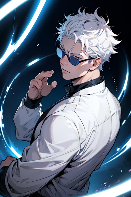(masterpiece,best quality), 1boy, muscular, sunglasses,looking back, dark background, Jujutsu Kaisen , (action shot, flashlight,speed lines,magic circle, )  satoru gojo,white hair,short hair,hair between eyes,blue eyes,colored eyelashes, Real Madrid white jersey.