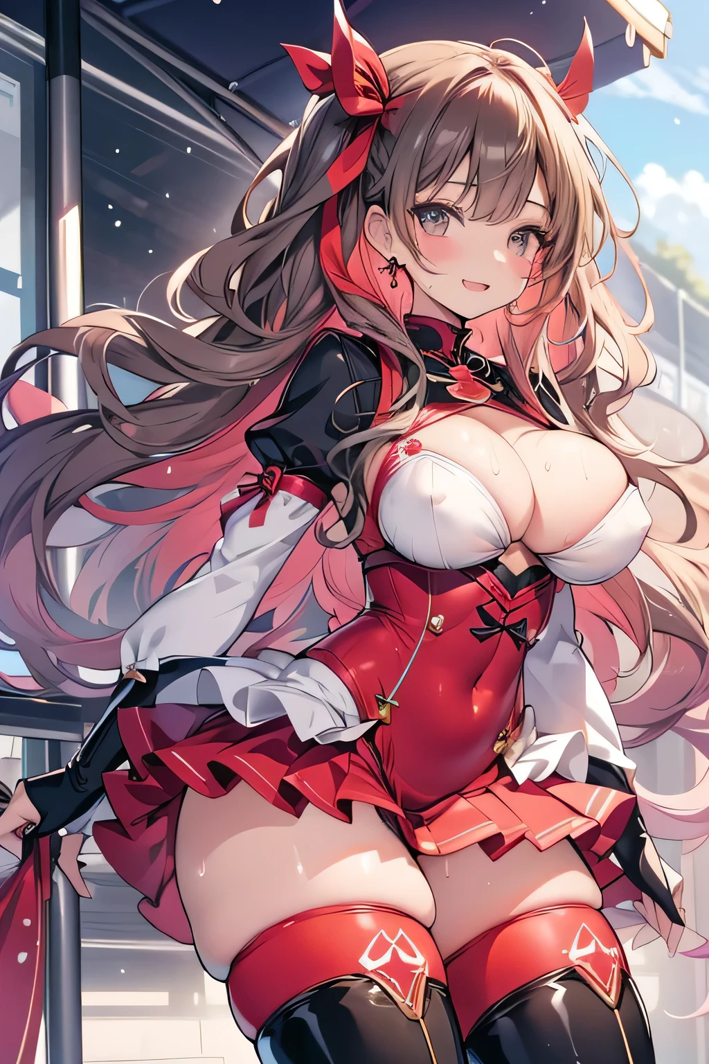 Anime illustration、highest quality、smile、A voluptuous high school girl companion promoting a product、Outdoor Music Festival、Tohsaka Rin、Ereshkigal、Thigh-high boots、Perfect proportions、Erect nipples、Very large breasts、Spread your legs、Clear eyes、大きくSpread your legs、Blushing、Sweaty、Cowboy Shot